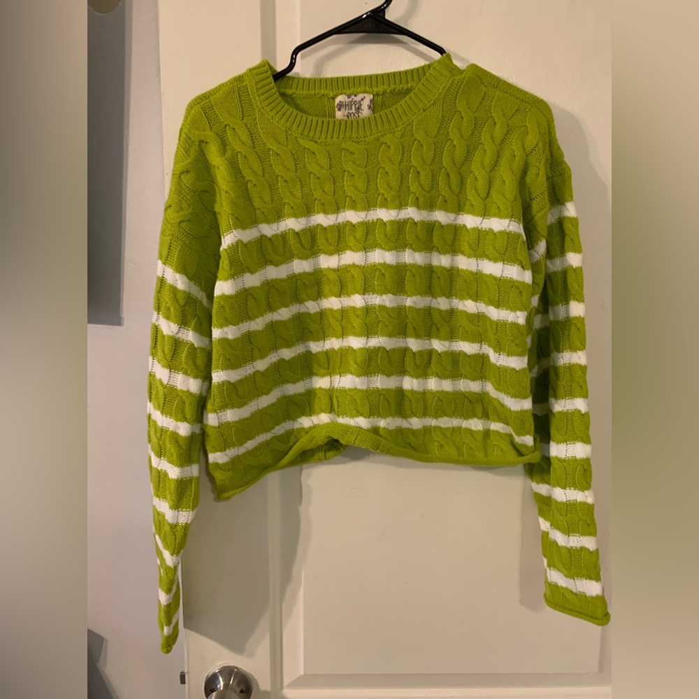 Green and white striped sweater with balloon sleeves slightly cropped